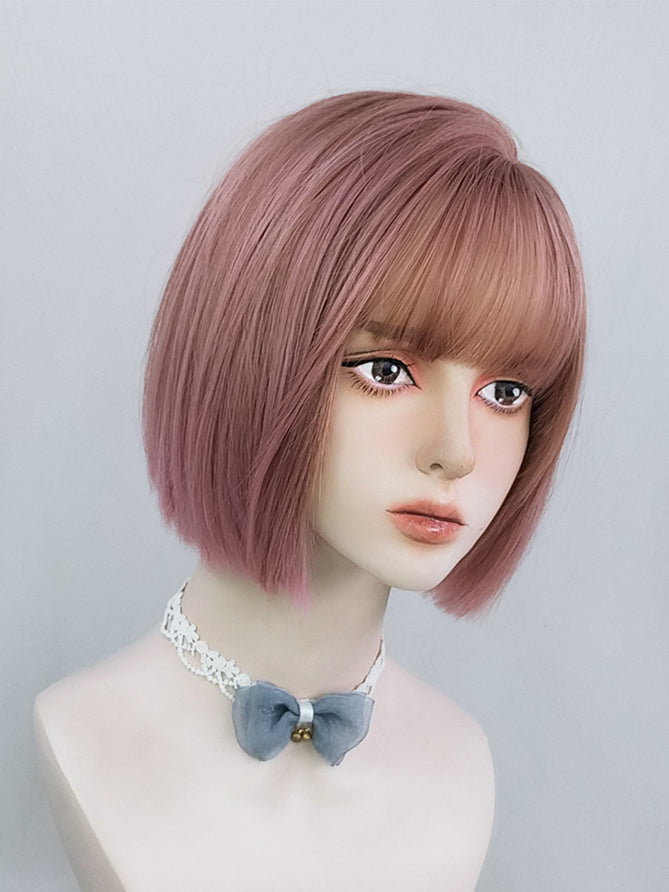 Peach Pink Straight Chin Length Synthetic Wig with Full Bangs