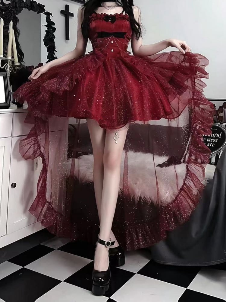 Wine Red Glittering Princess Dress Basque Lolitacore Party Dress Full Set