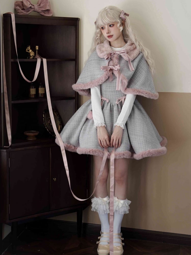 Gray and Pink Plush Hemline Pompoms Waist Tweed Jumper Skirt - Sukuroi