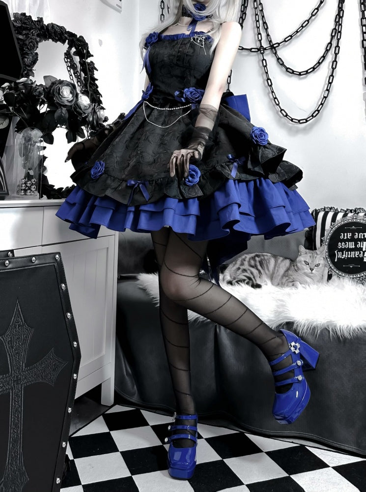 Black and Dark Blue Gothic Rosette Dress Basque Waist Jumper Skirt