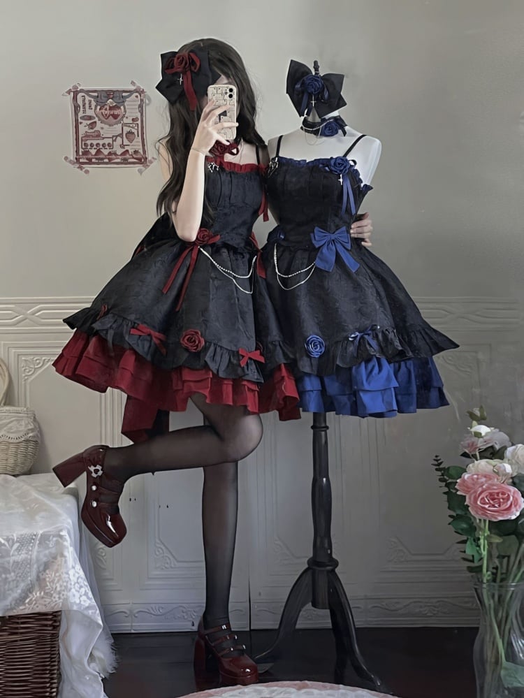 Black and Dark Red Gothic Rosette Dress Basque Waist Jumper Skirt