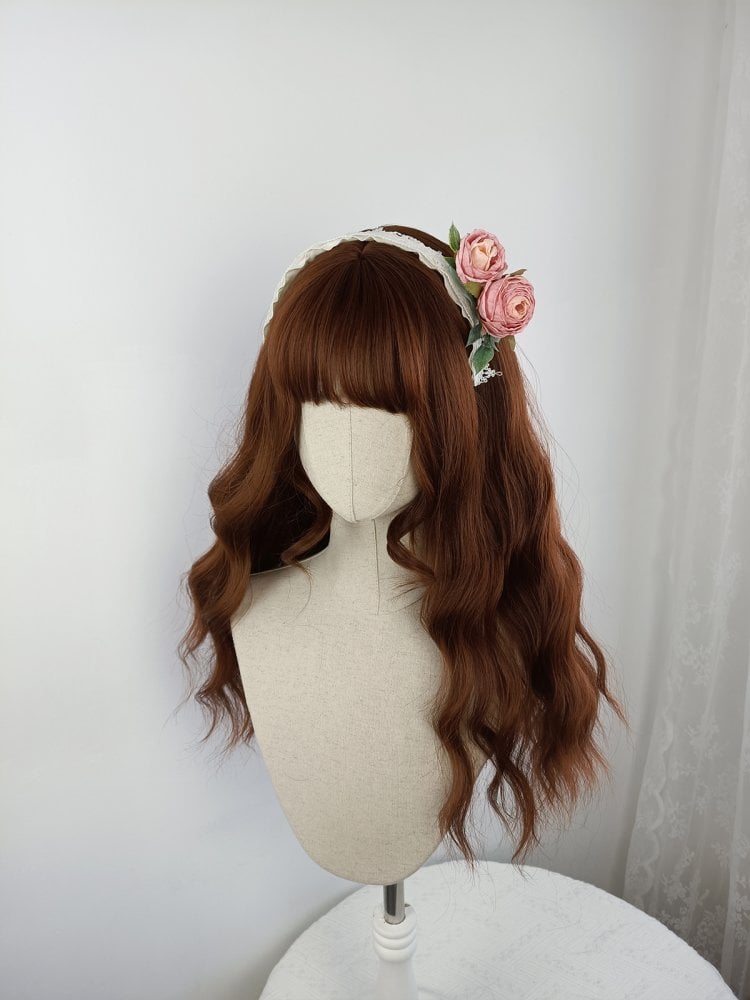 Orange Brown Long Wavy Synthetic Wig With Bangs