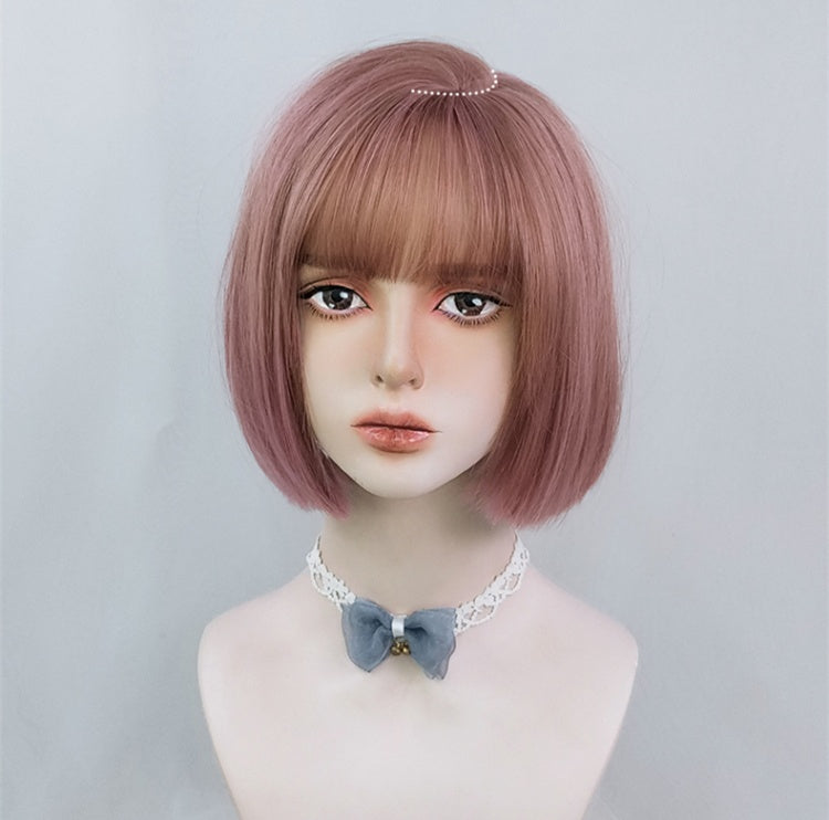 Peach Pink Straight Chin Length Synthetic Wig with Full Bangs