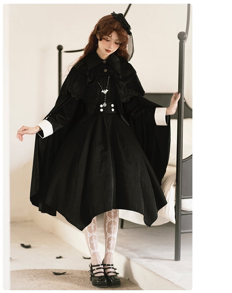 Embroidery Banded Collar Black and White Nun One Piece