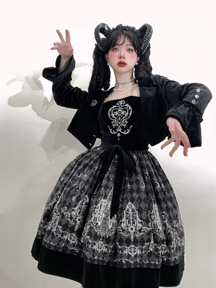 Black Velvet Bodice Check Pattern Gothic Jumper Skirt