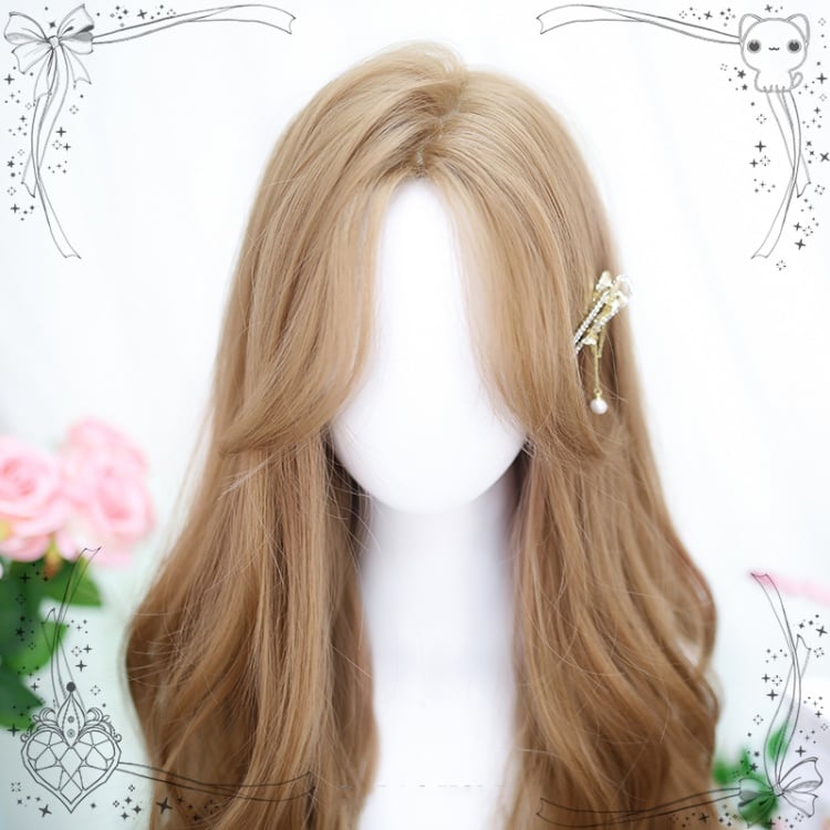 Curtain Bangs Champagne Gold Wavy Long Synthetic Wig