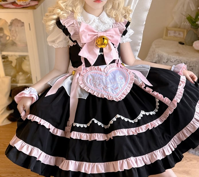 Black and Pink High Waist Jumper Skirt with Heart Apron and Wristcuffs