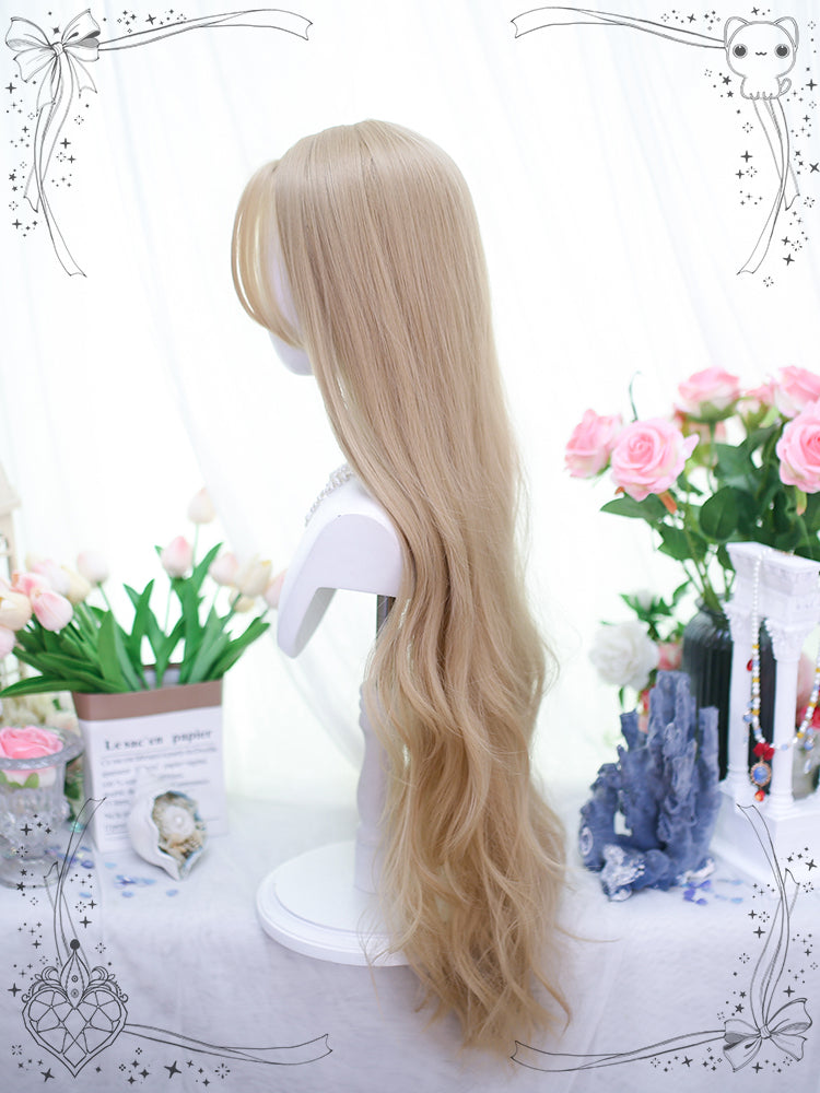 Champagne Curtain Bangs Long Wavy Synthetic Wig