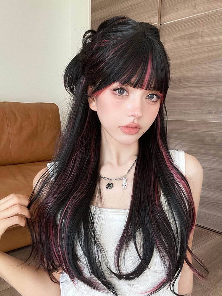 Rose Red Highlight and Black Long Wavy Synthetic Wig