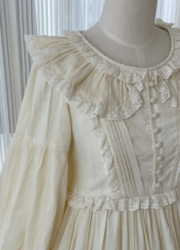 Creamy Cotton Ruffle Trim and Pleating Details Long Sleeves One Piece