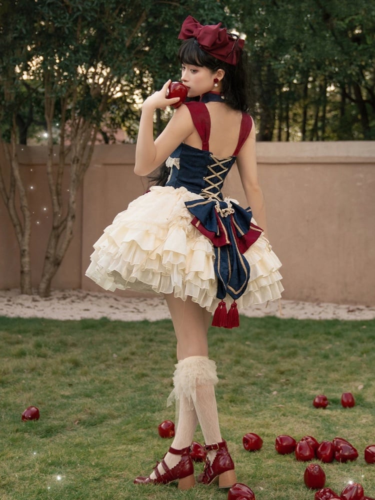 Dark Blue and Red Detachable Collar Qi Tiered Ruffles Jumper Skirt - Sukuroi