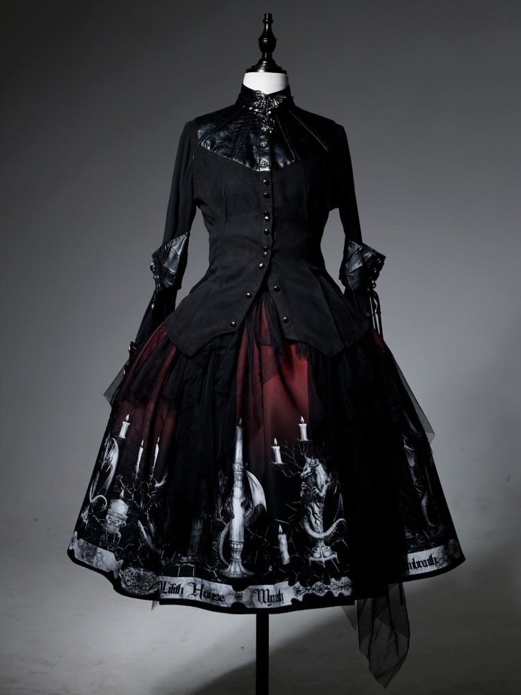 Dragon's Breath Black and Red Dragon and Candle Print Gothic Skirt with Straps - Sukuroi