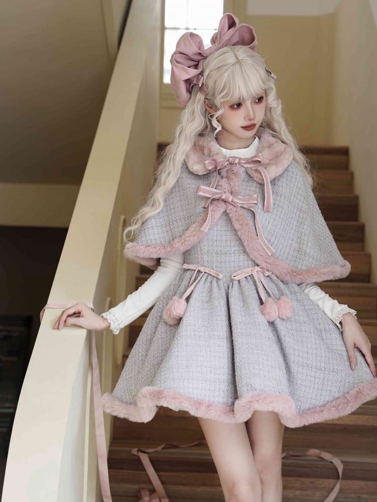 Gray and Pink Plush Hemline Tweed Jumper Skirt + Cape - Sukuroi