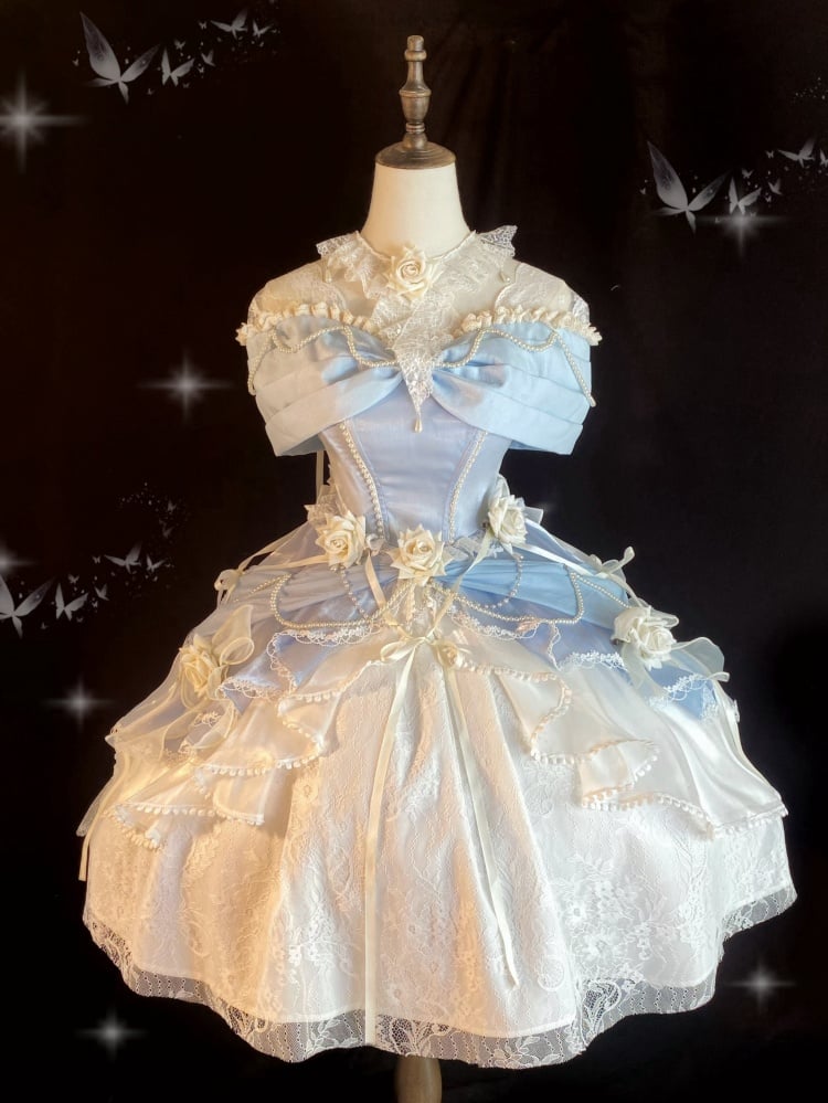 Cinderella Blue Princess Quinceanera Dress Roses and Bead Chains Ball Gown Short Version