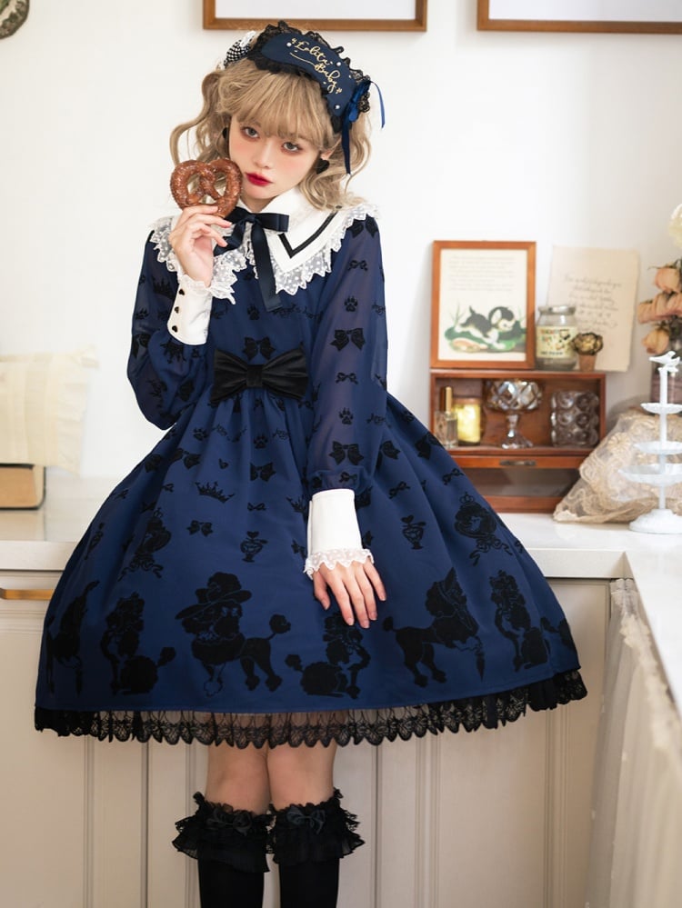 Dark Blue Cute Poodle Print Bowknot Detail Lace Trim Long Sleeves One Piece