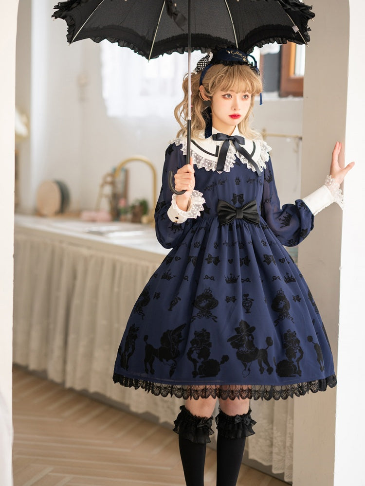 Dark Blue Cute Poodle Print Bowknot Detail Lace Trim Long Sleeves One Piece