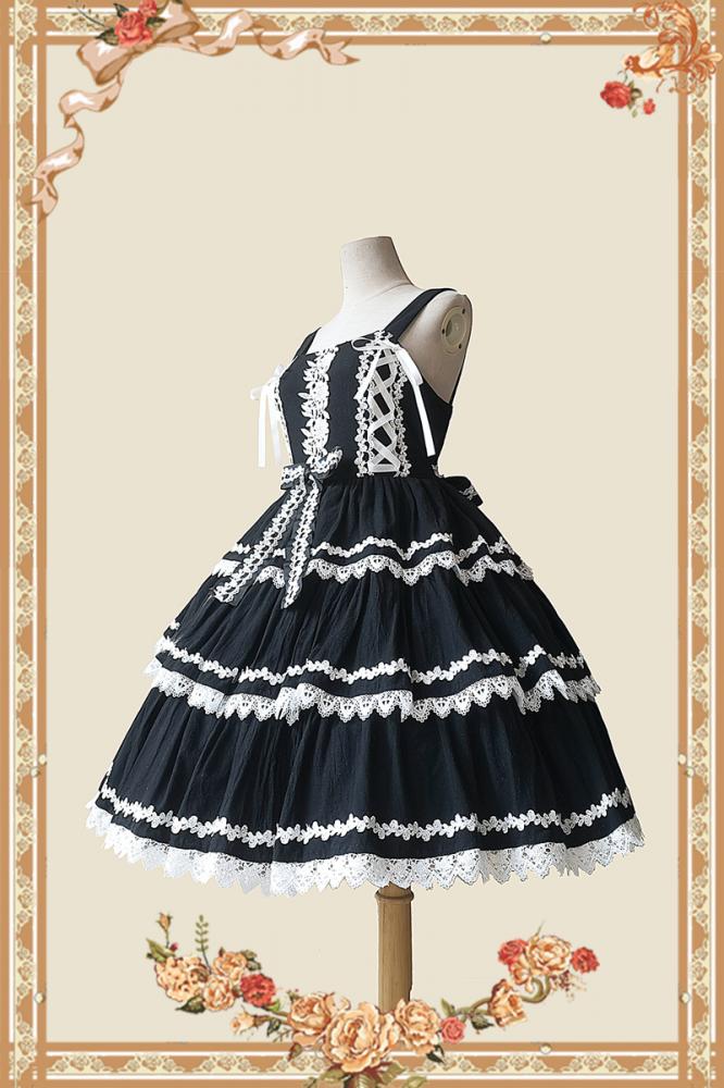 Elegant Black Cake Tree Tiered Flounce Skirt Featuring White Ruffle Details