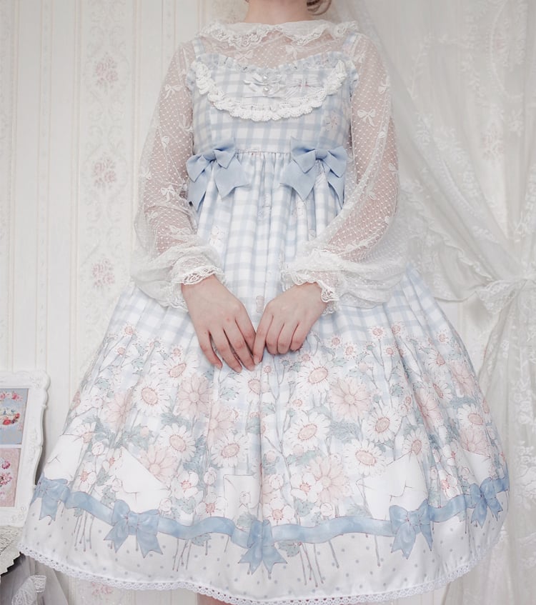 Margaret Floral Print Bowknot Details Gingham Pattern V-neck Jumper Skirt