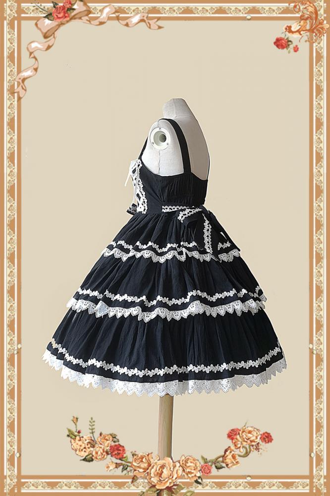 Side view of Black Cake Tree Tiered Flounce Skirt with white lace trim