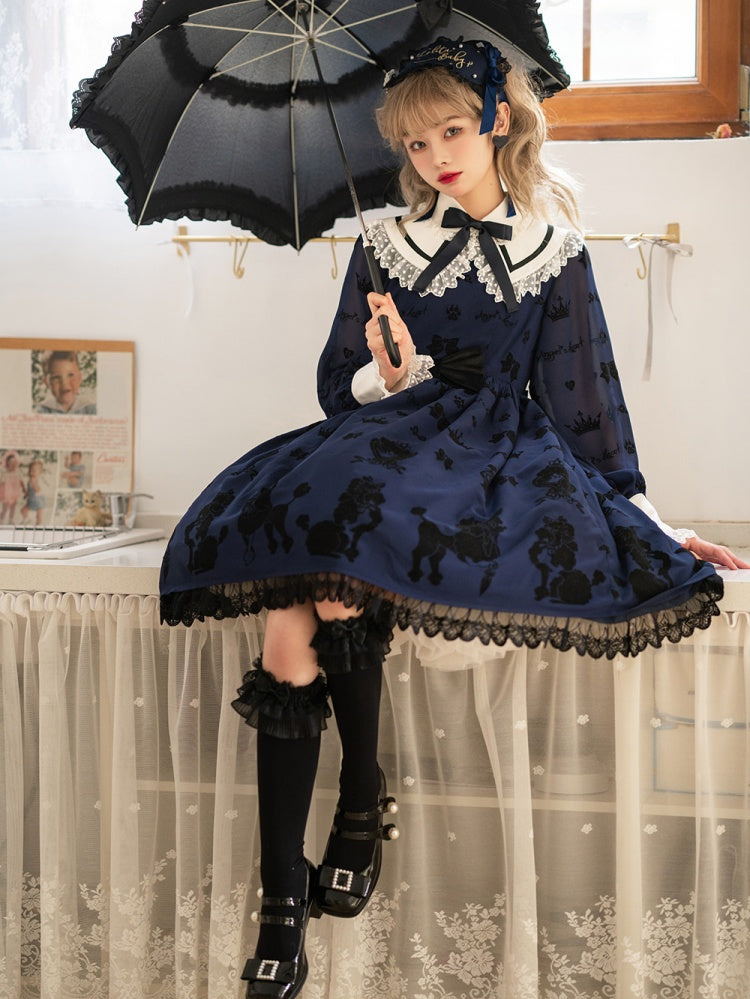 Dark Blue Cute Poodle Print Bowknot Detail Lace Trim Long Sleeves One Piece