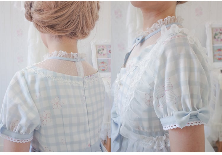 Margaret Floral Print Gingham Pattern Bowknot Details Short Sleeves One Piece