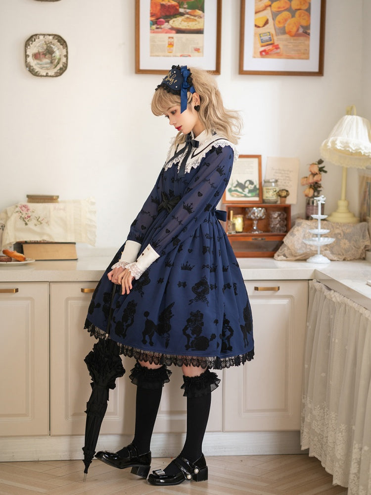 Dark Blue Cute Poodle Print Bowknot Detail Lace Trim Long Sleeves One Piece