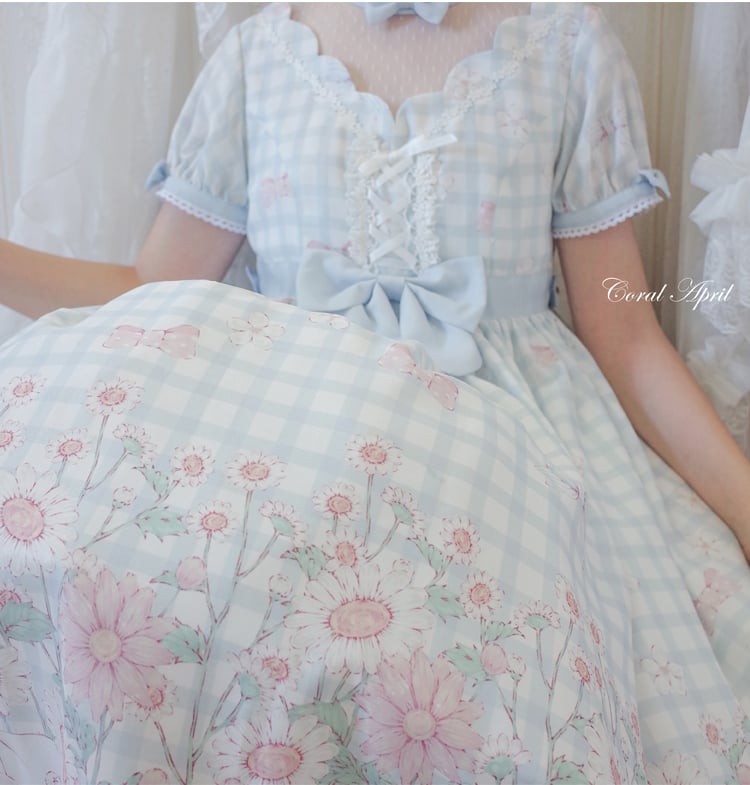 Margaret Floral Print Gingham Pattern Bowknot Details Short Sleeves One Piece