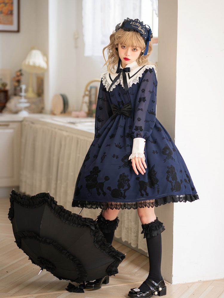 Dark Blue Cute Poodle Print Bowknot Detail Lace Trim Long Sleeves One Piece