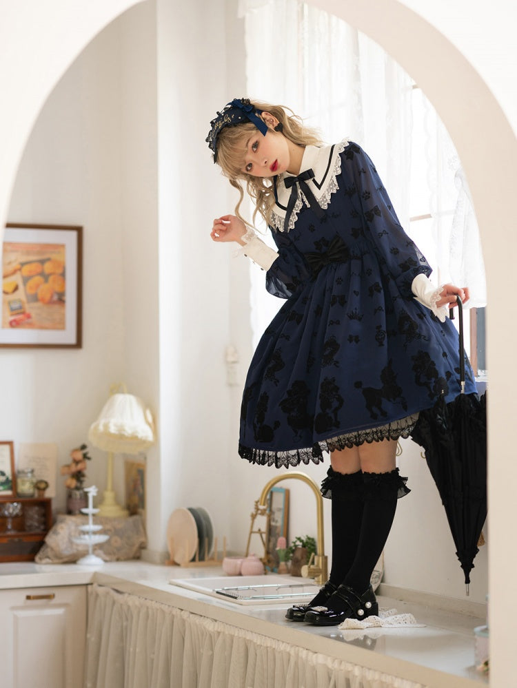 Dark Blue Cute Poodle Print Bowknot Detail Lace Trim Long Sleeves One Piece