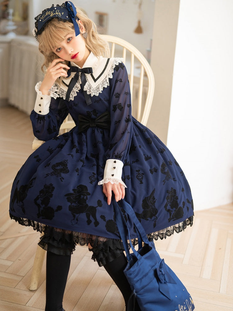 Dark Blue Cute Poodle Print Bowknot Detail Lace Trim Long Sleeves One Piece