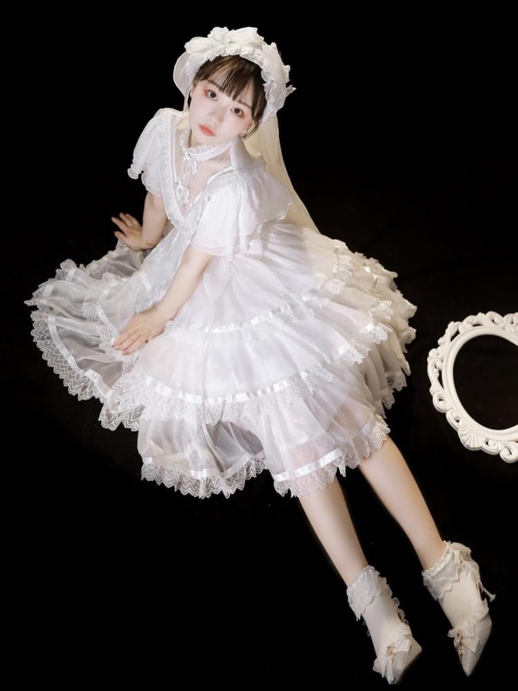 Dawn Night Banquet White Illusion Neckline Flounce Sleeves Tiered Skirt and Ruffle Trim Short Sleeves Lolita OP