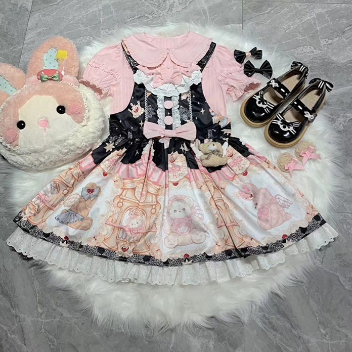 Clearance-Size XL for Bust 112CM Waist 100CM Pink Peter Pan Collar Shirt + Black Teddy High Waist Overalls Set - Sukuroi