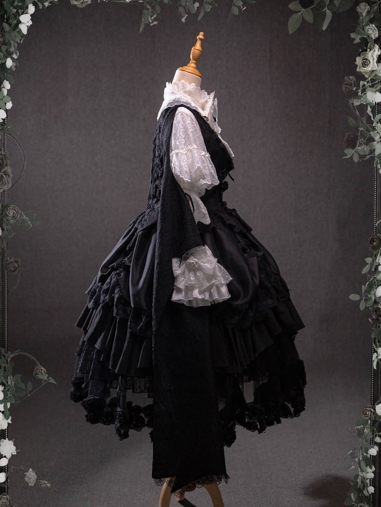 Black and White Drawstring Ruffle Hem One Piece + Corset Belt + Waistcoat