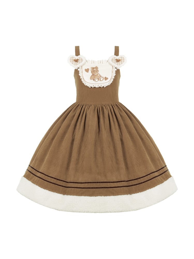 Brown Teddy Embroidery Corduroy Jumper Skirt with Big Plaid Bowknot - Sukuroi