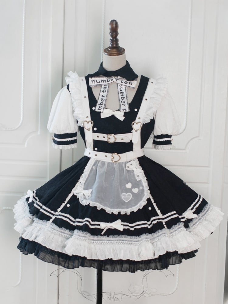 Black and White Punk Maid Dress Short One Piece + White Apron - Sukuroi