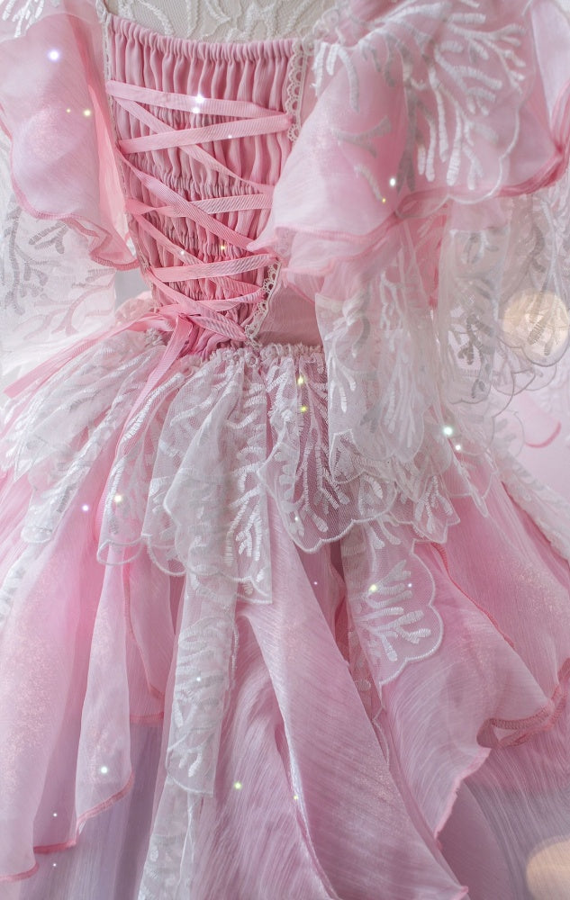 Fairycore Dress Full Set- Coral Embroidery Pink Princess Dress + Shell Tiara + Shell Wrist Cuffs