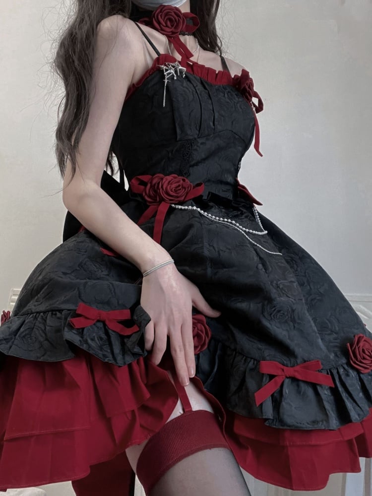 Black and Dark Red Gothic Rosette Dress Basque Waist Jumper Skirt