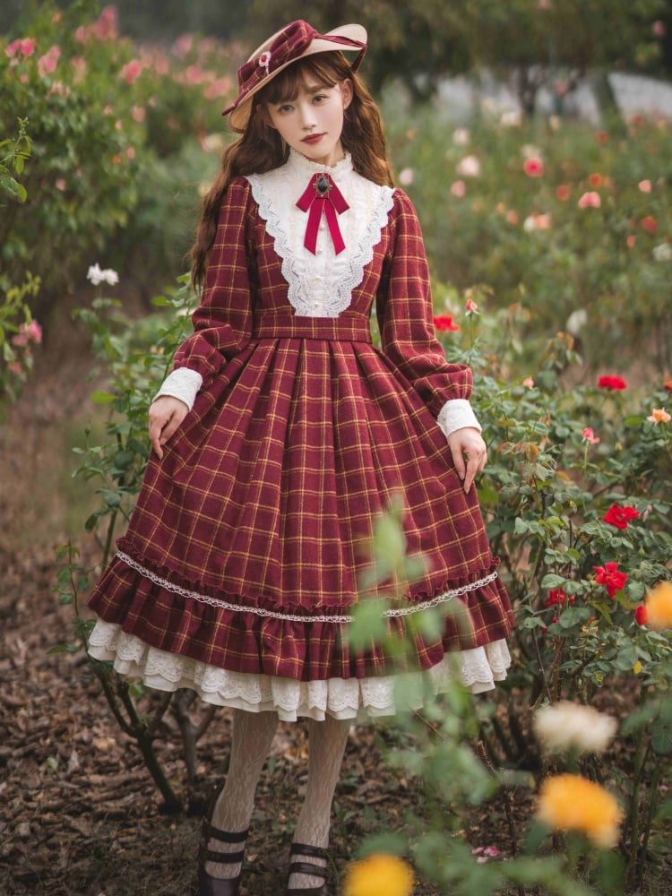 Rose Humanoid Plaid Pattern Ruffle Neckline Long Sleeves One Piece