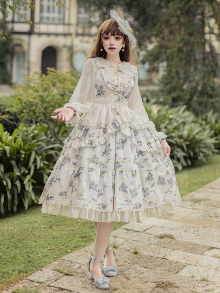 Apricot Elegant Floral Dress Rosette Print Jumper Skirt - Sukuroi