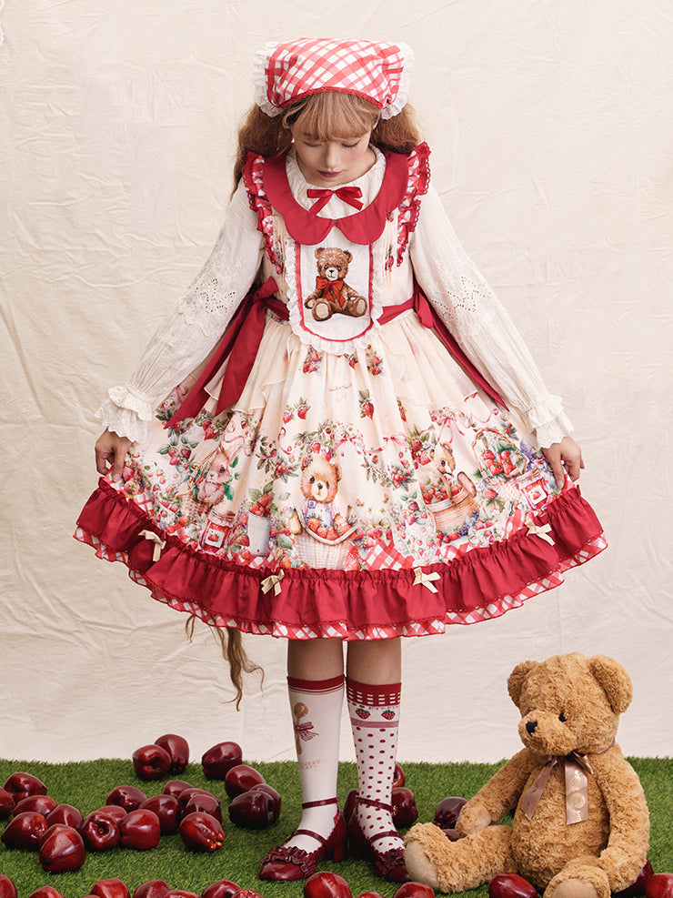 Bear Embroidery and Strawberry Print Red Sweet Jumper Skirt