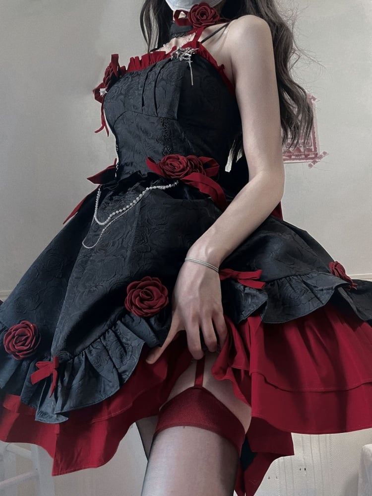 Black and Dark Red Gothic Rosette Dress Basque Waist Jumper Skirt