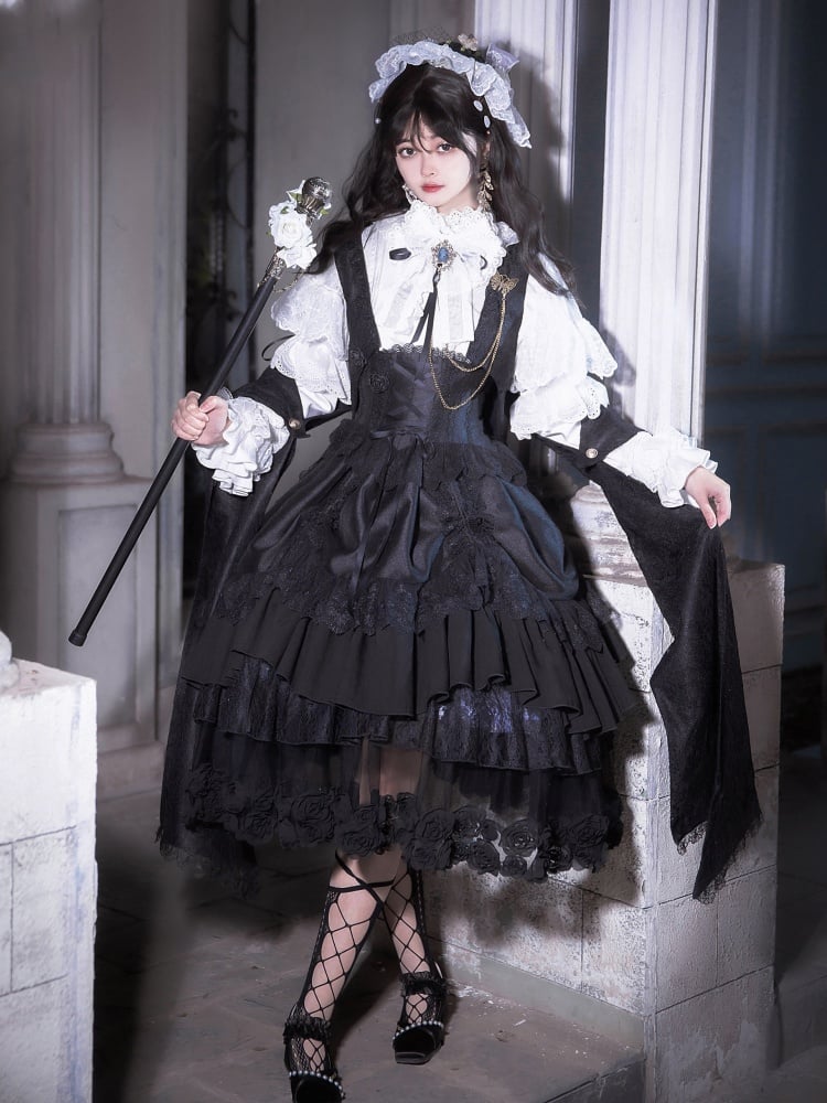 Black and White Drawstring Ruffle Hem One Piece + Corset Belt + Waistcoat