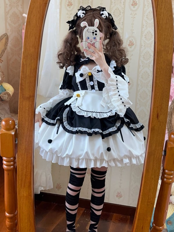 Black and White Sweet Maid One Piece with Sleeves and Apron