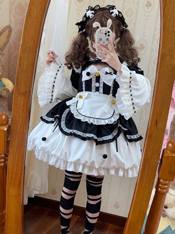 Black and White Sweet Maid One Piece with Sleeves and Apron