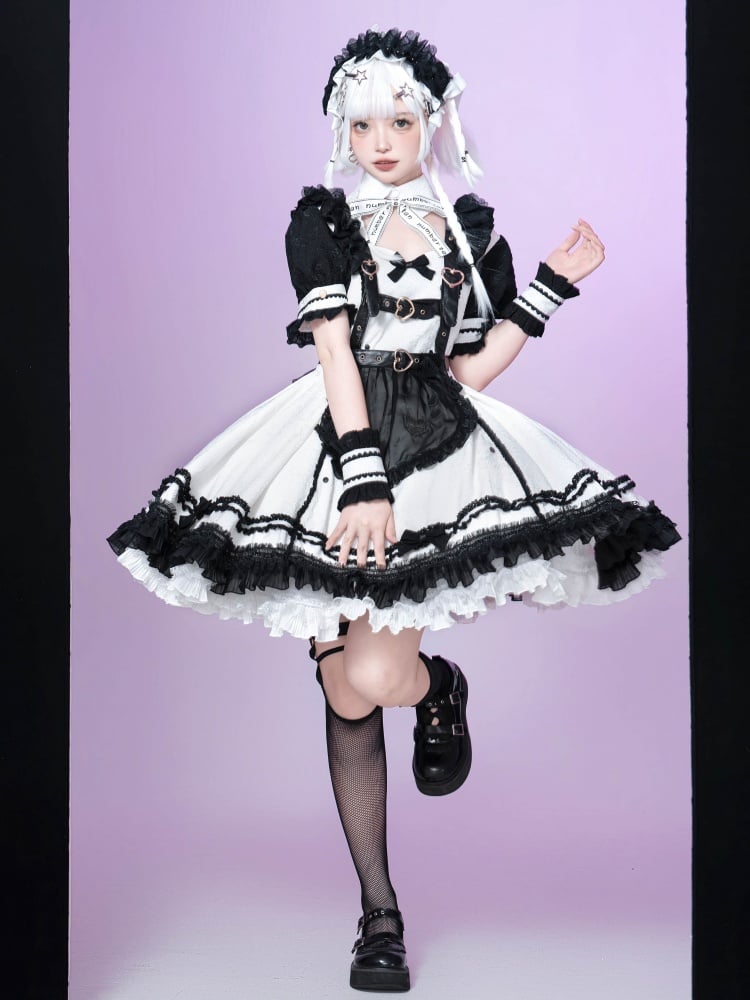 Black and White Punk Maid Dress Short One Piece + Black Apron - Sukuroi