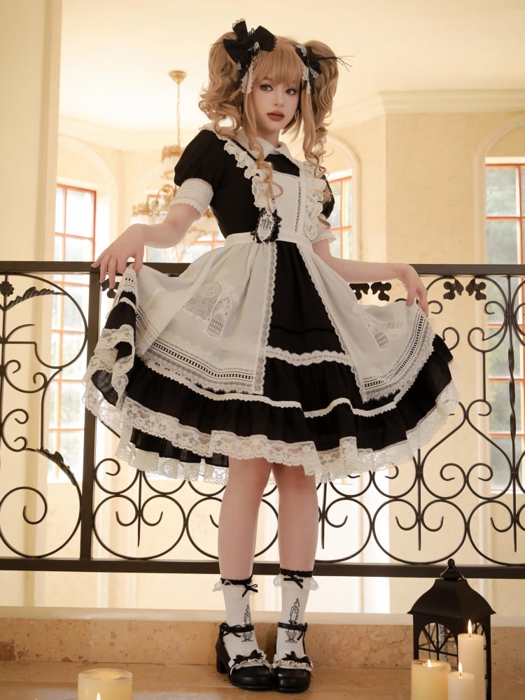 Black and White Short Puff Sleeves One Piece - Sukuroi