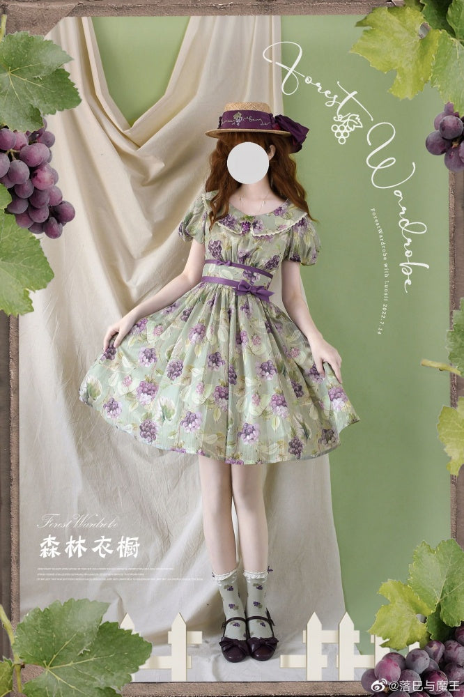 Forest Grapes-Graped Print Peter Pan Collar Short Sleeves One Piece