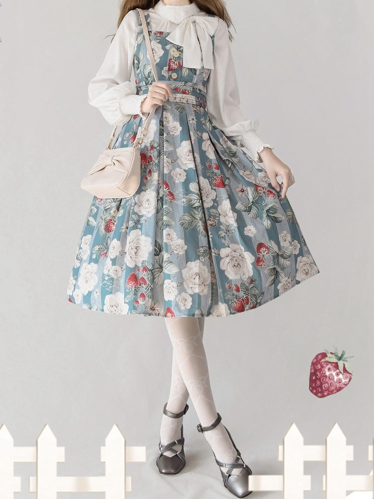 Forest Basket 2.0 Color Dusty Blue Strawberry and Rose Print Square Neckline Jumper Skirt