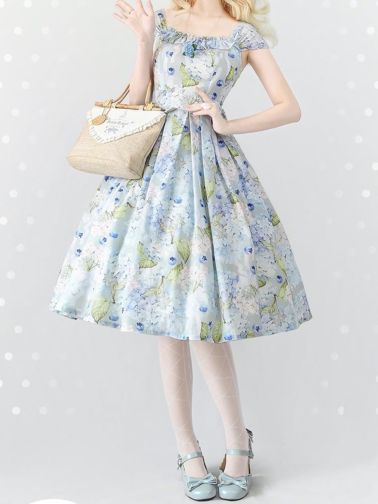 Blueberry and Floral Print Blue Jumper Skirt Spring Summer Dress
