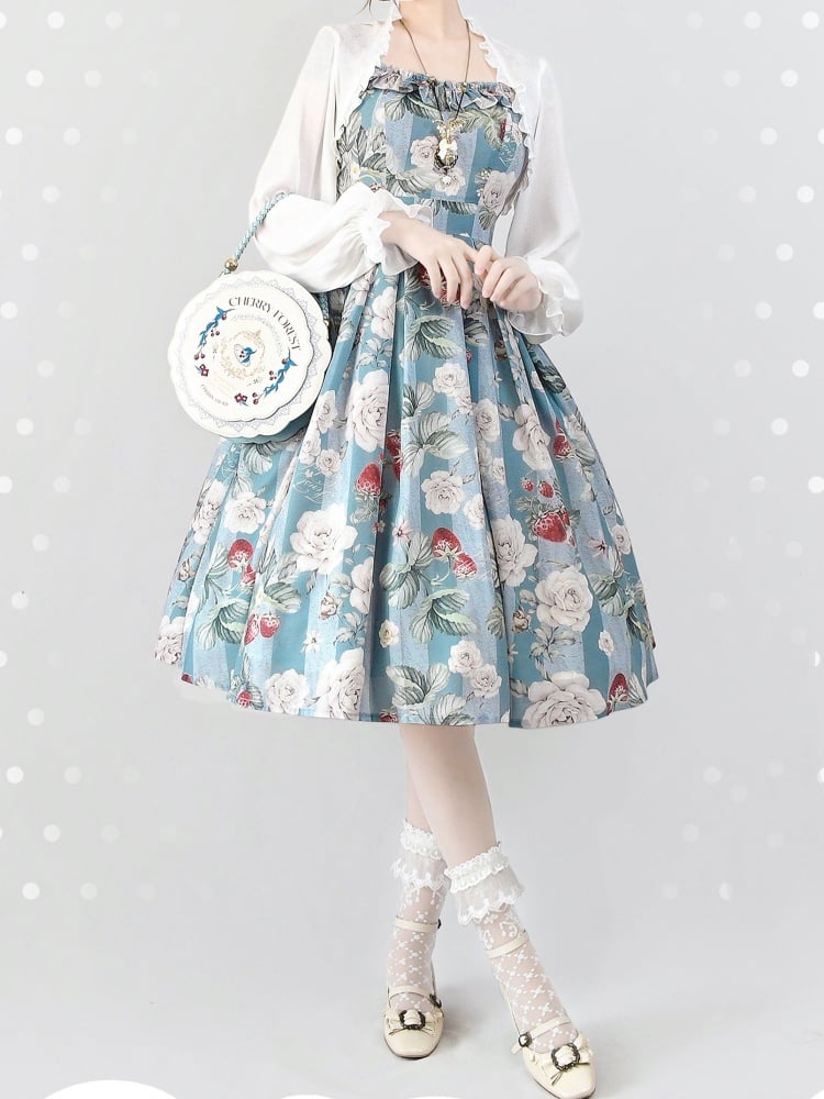 Dusty Blue Strawberry and Rose Print Jumper Skirt Spring Summer Dress